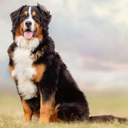 Bernese Mountain Dog sitting in a field