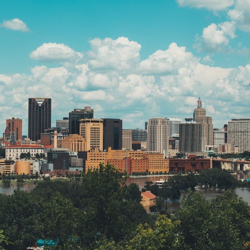 A glimpse of the wharfs over the trees, skyscrapers towering above.